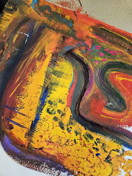 Ein buntes gemaltes Bild auf dem gelb schwarz und rot dominieren aus der Kunsttherapie in der Immanuel Klinik Rüdersdorf